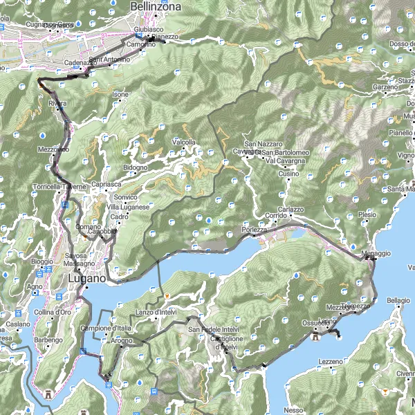 Miniatuurkaart van de fietsinspiratie "Rondrit vanuit Giubiasco via Monte Bre" in Ticino, Switzerland. Gemaakt door de Tarmacs.app fietsrouteplanner