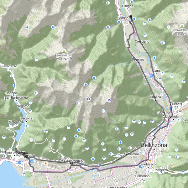Miniature de la carte de l'inspiration cycliste "Les Trésors Cachés du Tessin" dans la Ticino, Switzerland. Générée par le planificateur d'itinéraire cycliste Tarmacs.app