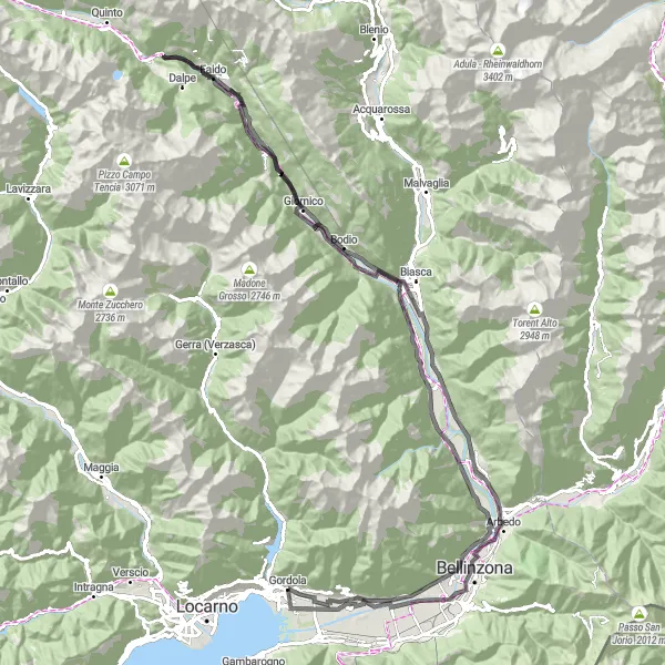 Miniature de la carte de l'inspiration cycliste "Grande Aventure à Vélo en Tessin" dans la Ticino, Switzerland. Générée par le planificateur d'itinéraire cycliste Tarmacs.app