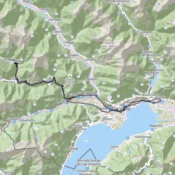 Kartminiatyr av "Gordola - Verscio - Golino" cykelinspiration i Ticino, Switzerland. Genererad av Tarmacs.app cykelruttplanerare