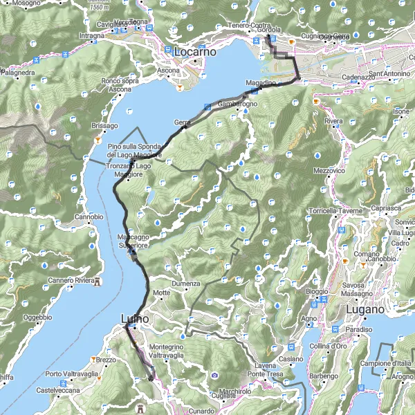 Mapa miniatúra "Jazdenie pomedzi Gerra, Maccagno a Piazzogna" cyklistická inšpirácia v Ticino, Switzerland. Vygenerované cyklistickým plánovačom trás Tarmacs.app