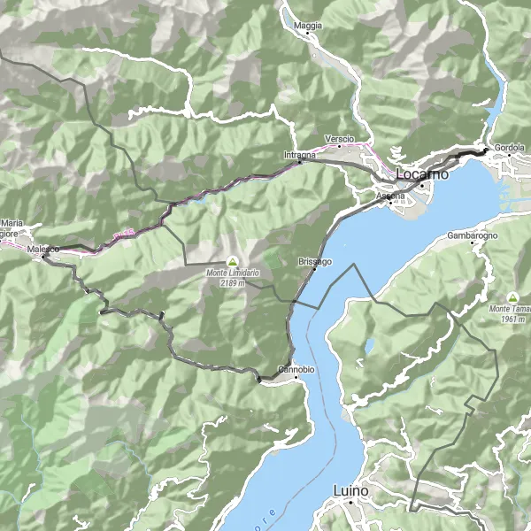Miniatura della mappa di ispirazione al ciclismo "Tour Lago Maggiore" nella regione di Ticino, Switzerland. Generata da Tarmacs.app, pianificatore di rotte ciclistiche