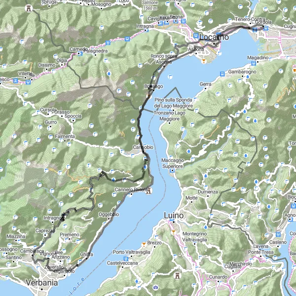Miniatua del mapa de inspiración ciclista "Desafío de Ciclismo de 109 km desde Gordola" en Ticino, Switzerland. Generado por Tarmacs.app planificador de rutas ciclistas