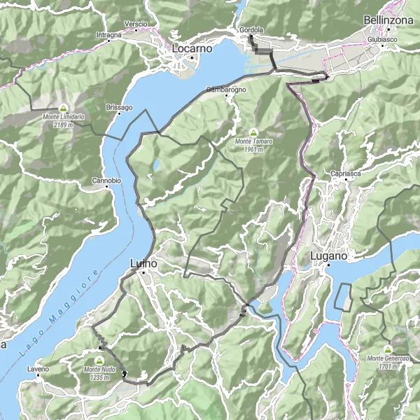 Miniatua del mapa de inspiración ciclista "Ruta de ciclismo de montaña Monte Ceneri" en Ticino, Switzerland. Generado por Tarmacs.app planificador de rutas ciclistas