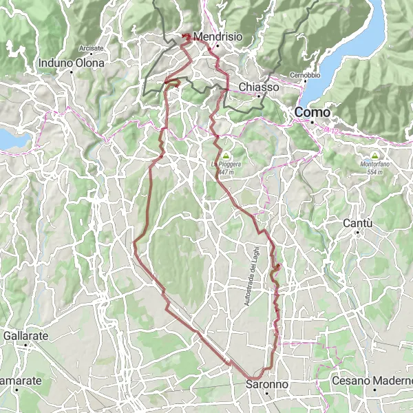 Miniatura della mappa di ispirazione al ciclismo "Percorso in bicicletta gravel da Ligornetto verso Genestrerio" nella regione di Ticino, Switzerland. Generata da Tarmacs.app, pianificatore di rotte ciclistiche