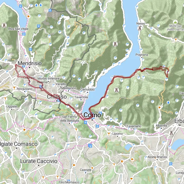 Mapa miniatúra "Gravelová cesta cez Maiocca a Monte Olimpino" cyklistická inšpirácia v Ticino, Switzerland. Vygenerované cyklistickým plánovačom trás Tarmacs.app