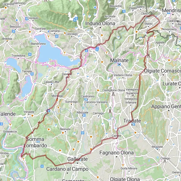 Karttaminiaatyyri "Gravel-pyöräilyreitti Ligornetosta: Panoramaa ja polkuja" pyöräilyinspiraatiosta alueella Ticino, Switzerland. Luotu Tarmacs.app pyöräilyreittisuunnittelijalla