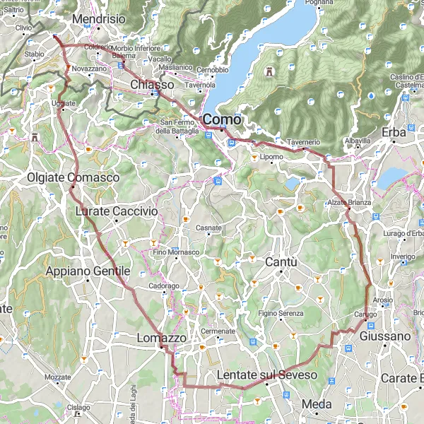 Miniatura della mappa di ispirazione al ciclismo "Avventura in bicicletta tra i boschi di Monte Olimpino" nella regione di Ticino, Switzerland. Generata da Tarmacs.app, pianificatore di rotte ciclistiche