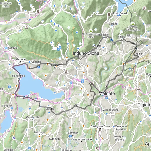 Karttaminiaatyyri "Maantiepyöräilyreitti Ligornetosta: Järviä ja pieniä kyliä" pyöräilyinspiraatiosta alueella Ticino, Switzerland. Luotu Tarmacs.app pyöräilyreittisuunnittelijalla