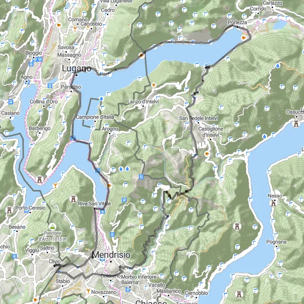 Karttaminiaatyyri "Mahtava pyöräilyseikkailu Luganon ympäristössä" pyöräilyinspiraatiosta alueella Ticino, Switzerland. Luotu Tarmacs.app pyöräilyreittisuunnittelijalla