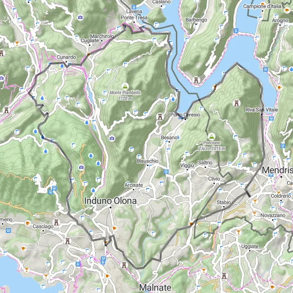 Miniatuurkaart van de fietsinspiratie "Gaggiolo naar Genestrerio fietsroute" in Ticino, Switzerland. Gemaakt door de Tarmacs.app fietsrouteplanner