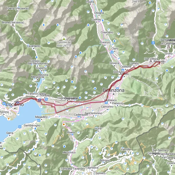 Kartminiatyr av "Gravel Eventyr til Giubiasco og Roveredo" sykkelinspirasjon i Ticino, Switzerland. Generert av Tarmacs.app sykkelrutoplanlegger