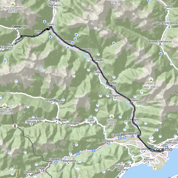 Miniatua del mapa de inspiración ciclista "Ruta de ciclismo de carretera Castello Visconteo-Locarno" en Ticino, Switzerland. Generado por Tarmacs.app planificador de rutas ciclistas