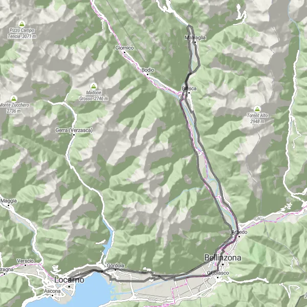 Miniatura della mappa di ispirazione al ciclismo "Esplorazione tra natura e cultura" nella regione di Ticino, Switzerland. Generata da Tarmacs.app, pianificatore di rotte ciclistiche