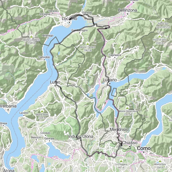 Karttaminiaatyyri "Maantiepyöräilyreitti Monte Cenerille" pyöräilyinspiraatiosta alueella Ticino, Switzerland. Luotu Tarmacs.app pyöräilyreittisuunnittelijalla