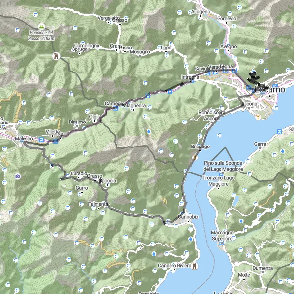 Zemljevid v pomanjšavi "Gozdni vzponi okoli Locarna" kolesarske inspiracije v Ticino, Switzerland. Generirano z načrtovalcem kolesarskih poti Tarmacs.app