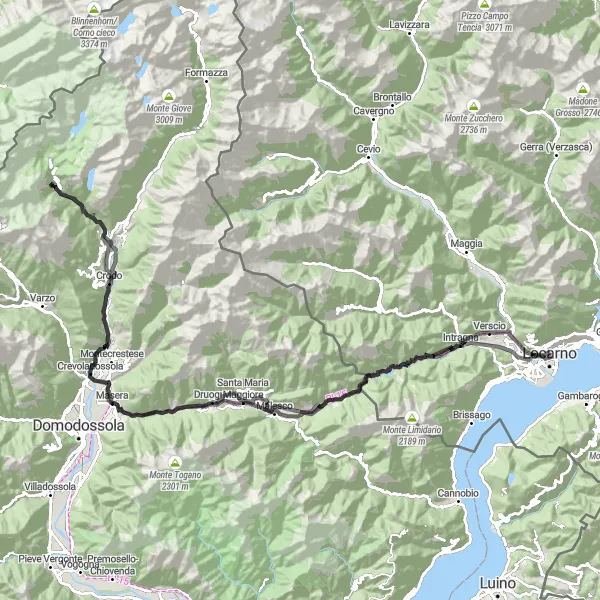 Miniaturní mapa "Výzva kolem Locarna" inspirace pro cyklisty v oblasti Ticino, Switzerland. Vytvořeno pomocí plánovače tras Tarmacs.app