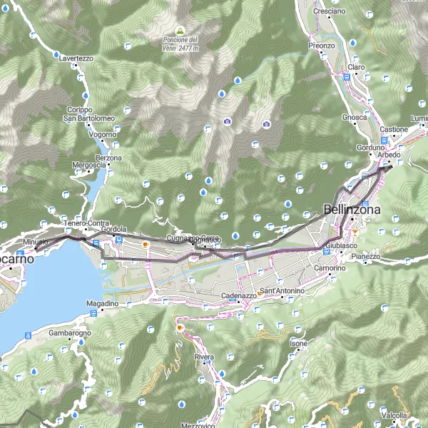 Miniaturekort af cykelinspirationen "Kort landevejscykeltur fra Cugnasco til Brione sopra Minusio" i Ticino, Switzerland. Genereret af Tarmacs.app cykelruteplanlægger