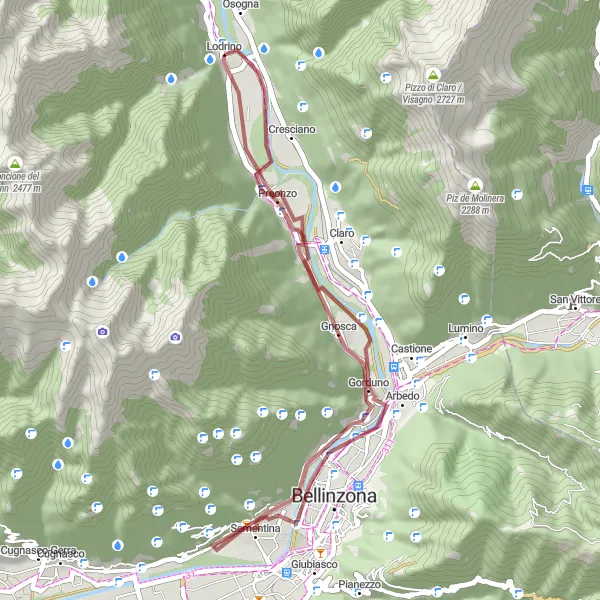 Zemljevid v pomanjšavi "Gravel krožna pot skozi Preonzo, Monte Carasso in Moleno" kolesarske inspiracije v Ticino, Switzerland. Generirano z načrtovalcem kolesarskih poti Tarmacs.app