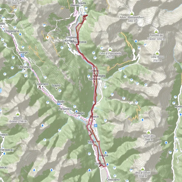 Miniatua del mapa de inspiración ciclista "Recorrido de grava a Iragna y Malvaglia" en Ticino, Switzerland. Generado por Tarmacs.app planificador de rutas ciclistas