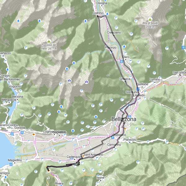 Map miniature of "Gorduno and Monte Ceneri Adventure" cycling inspiration in Ticino, Switzerland. Generated by Tarmacs.app cycling route planner