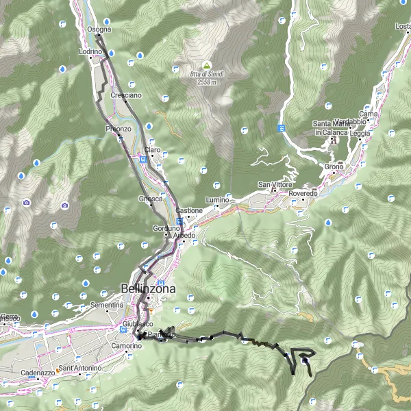 Zemljevid v pomanjšavi "Kolesarska pot okoli Lodrina: Reka Ticino in njene znamenitosti" kolesarske inspiracije v Ticino, Switzerland. Generirano z načrtovalcem kolesarskih poti Tarmacs.app