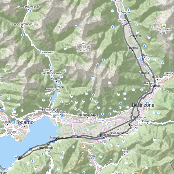 Miniaturekort af cykelinspirationen "Lodrino til Cresciano via Piazzogna" i Ticino, Switzerland. Genereret af Tarmacs.app cykelruteplanlægger