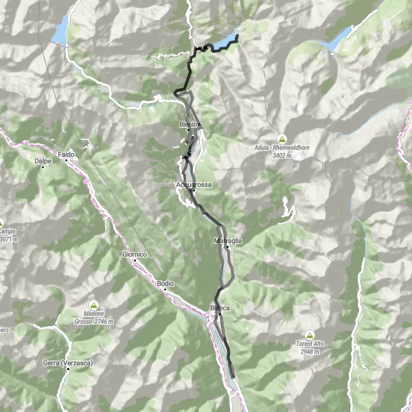 Kartminiatyr av "Lodrino til Aquila Loop" sykkelinspirasjon i Ticino, Switzerland. Generert av Tarmacs.app sykkelrutoplanlegger