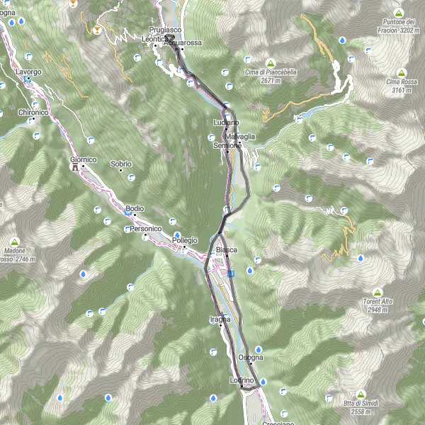 Miniaturní mapa "Road Lodrino - Dongio - Semione - Iragna" inspirace pro cyklisty v oblasti Ticino, Switzerland. Vytvořeno pomocí plánovače tras Tarmacs.app