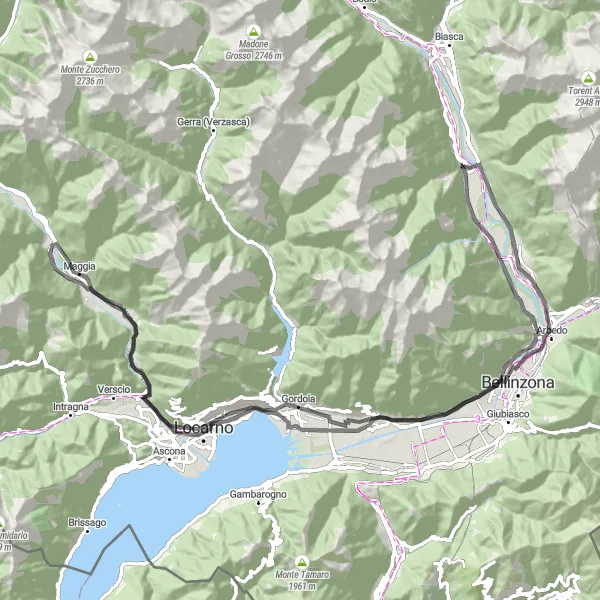 Miniatura della mappa di ispirazione al ciclismo "Giro dei Laghi" nella regione di Ticino, Switzerland. Generata da Tarmacs.app, pianificatore di rotte ciclistiche