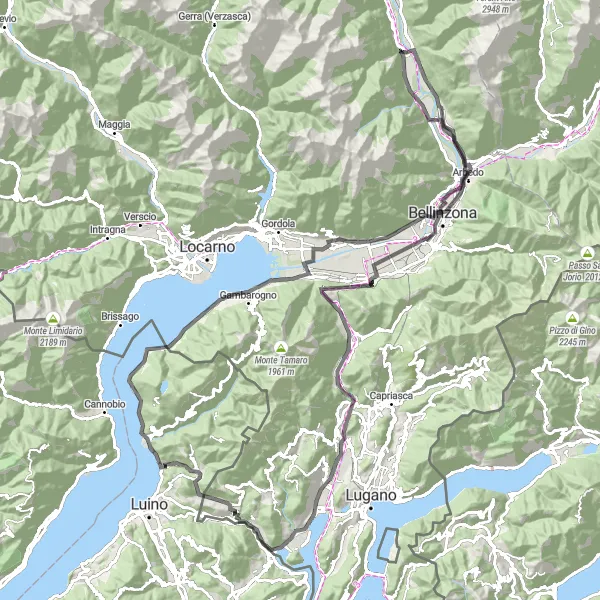 Map miniature of "Lodrino and Monte San Giorgio Loop" cycling inspiration in Ticino, Switzerland. Generated by Tarmacs.app cycling route planner