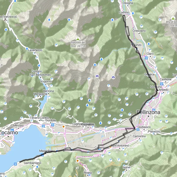 Zemljevid v pomanjšavi "Cestna krožna pot skozi Preonzo, Sementina, Viro (Gambarogno), Jezero Maggiore, Contone, Punto d'Incontro in Moleno" kolesarske inspiracije v Ticino, Switzerland. Generirano z načrtovalcem kolesarskih poti Tarmacs.app