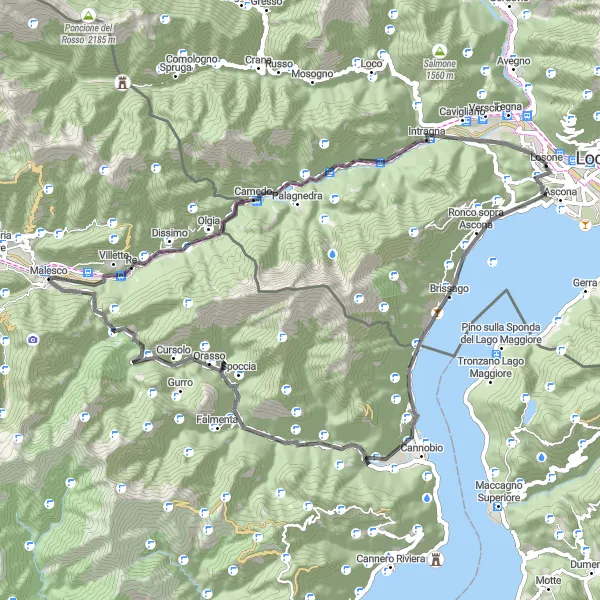 Miniature de la carte de l'inspiration cycliste "Passage à travers San Bartolomeo et Passo dello Scopello" dans la Ticino, Switzerland. Générée par le planificateur d'itinéraire cycliste Tarmacs.app