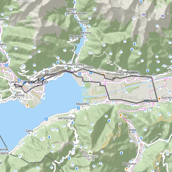 Miniatura della mappa di ispirazione al ciclismo "Passeggiata in bicicletta alla scoperta dei tesori del Locarnese" nella regione di Ticino, Switzerland. Generata da Tarmacs.app, pianificatore di rotte ciclistiche