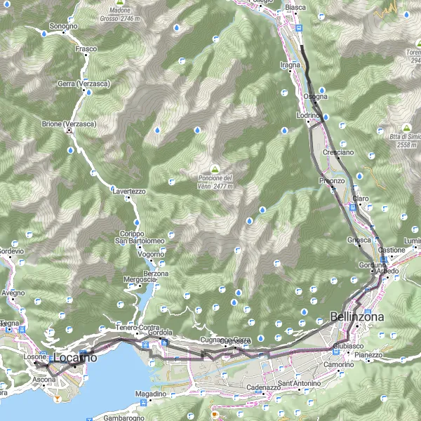 Miniatura della mappa di ispirazione al ciclismo "Avventura in bicicletta da Losone a Cugnasco e Cresciano" nella regione di Ticino, Switzerland. Generata da Tarmacs.app, pianificatore di rotte ciclistiche