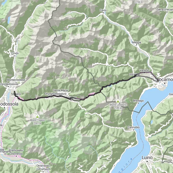 Miniatua del mapa de inspiración ciclista "Desafiante ruta de ciclismo de 88 km cerca de Losone" en Ticino, Switzerland. Generado por Tarmacs.app planificador de rutas ciclistas