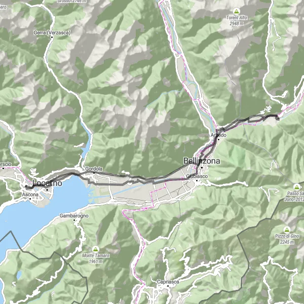 Map miniature of "Giubiasco Loop Adventure" cycling inspiration in Ticino, Switzerland. Generated by Tarmacs.app cycling route planner