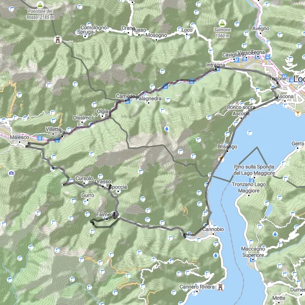 Miniatura della mappa di ispirazione al ciclismo "Sfida in bicicletta attraverso le valli e i passi del Ticino" nella regione di Ticino, Switzerland. Generata da Tarmacs.app, pianificatore di rotte ciclistiche
