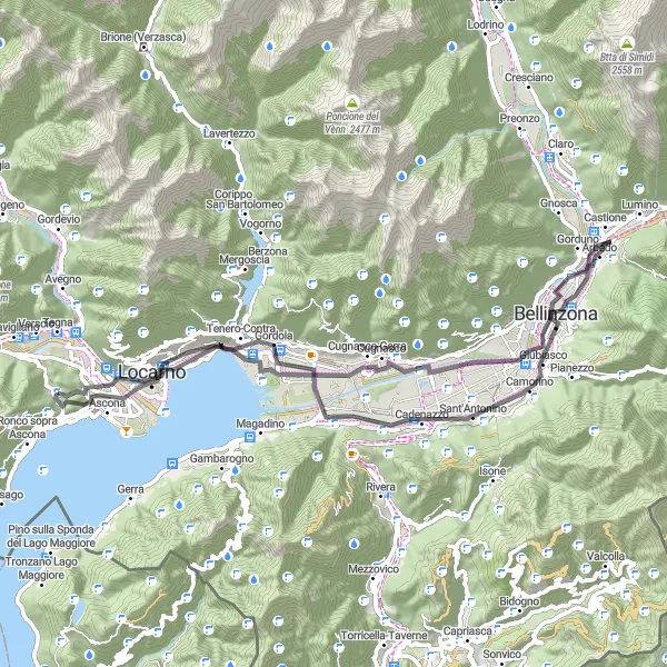 Miniatua del mapa de inspiración ciclista "Paseo escénico de 64 km en bicicleta cerca de Losone" en Ticino, Switzerland. Generado por Tarmacs.app planificador de rutas ciclistas