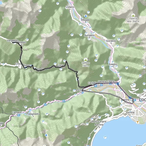 Map miniature of "Golino Mountain Challenge" cycling inspiration in Ticino, Switzerland. Generated by Tarmacs.app cycling route planner