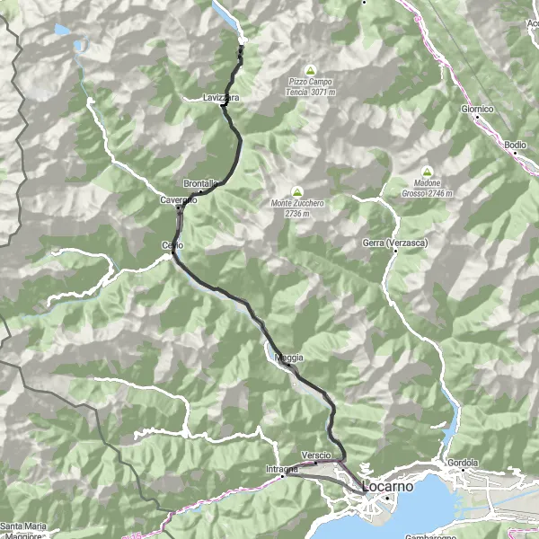 Kartminiatyr av "Scenisk cykeltur till Verscio" cykelinspiration i Ticino, Switzerland. Genererad av Tarmacs.app cykelruttplanerare