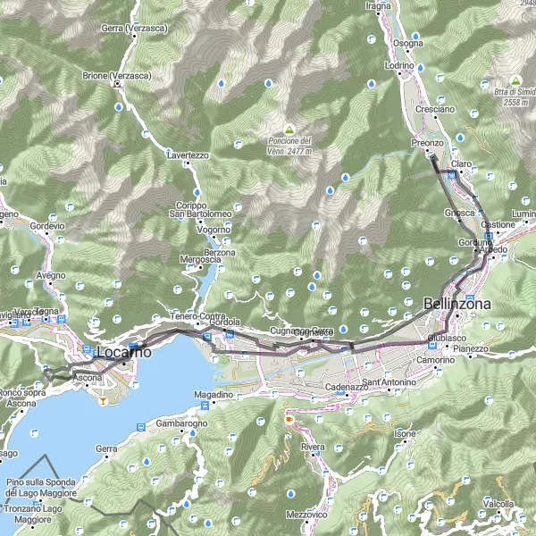 Mapa miniatúra "Ticino okolo jazera Maggiore" cyklistická inšpirácia v Ticino, Switzerland. Vygenerované cyklistickým plánovačom trás Tarmacs.app