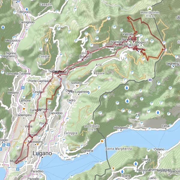 Miniaturekort af cykelinspirationen "Grusvejscykelrute fra Lugano til Sorengo via Passo San Lucio" i Ticino, Switzerland. Genereret af Tarmacs.app cykelruteplanlægger