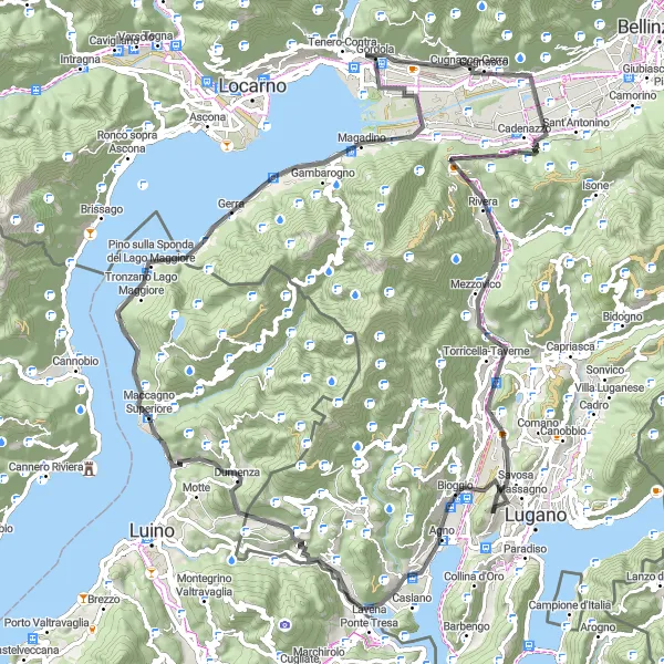 Kartminiatyr av "Lugano - Breganzona - Monte San Giorgio - Monte Clivio - Maccagno Superiore - Gerra - Cugnasco-Gerra - Monte Ceneri - Bironico - Vezia" cykelinspiration i Ticino, Switzerland. Genererad av Tarmacs.app cykelruttplanerare