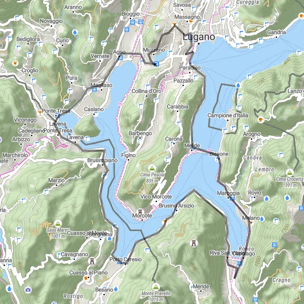 Miniatua del mapa de inspiración ciclista "Viaje en Bicicleta de Monte San Salvatore a Breganzona" en Ticino, Switzerland. Generado por Tarmacs.app planificador de rutas ciclistas