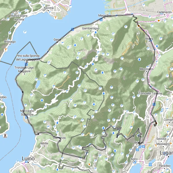 Miniaturní mapa "Výlet kolem Lugana přes Monte Ceneri a Monte Barro" inspirace pro cyklisty v oblasti Ticino, Switzerland. Vytvořeno pomocí plánovače tras Tarmacs.app