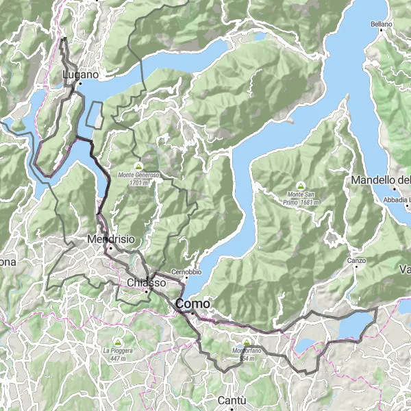 Zemljevid v pomanjšavi "Lugano - Monte Olimpino - Mendrisio" kolesarske inspiracije v Ticino, Switzerland. Generirano z načrtovalcem kolesarskih poti Tarmacs.app