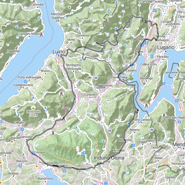Miniaturní mapa "Okruh kolem Lugana přes Bioggio, Monte Castelletto a Cassano Valcuvia" inspirace pro cyklisty v oblasti Ticino, Switzerland. Vytvořeno pomocí plánovače tras Tarmacs.app