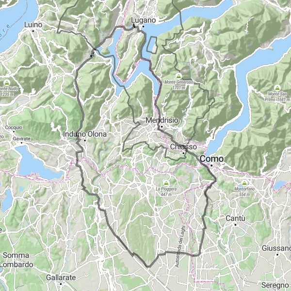 Kartminiatyr av "Lugano - Monte San Salvatore - Melano - Monte Olimpino - Cardina - Pozzo di San Luigi Gonzaga - Monte Albano - Monte Monarco - Ganna - Monte San Giorgio - Sorengo" cykelinspiration i Ticino, Switzerland. Genererad av Tarmacs.app cykelruttplanerare