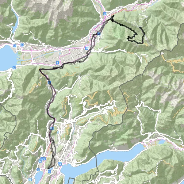 Zemljevid v pomanjšavi "Razgibana cestna kolesarska pot" kolesarske inspiracije v Ticino, Switzerland. Generirano z načrtovalcem kolesarskih poti Tarmacs.app